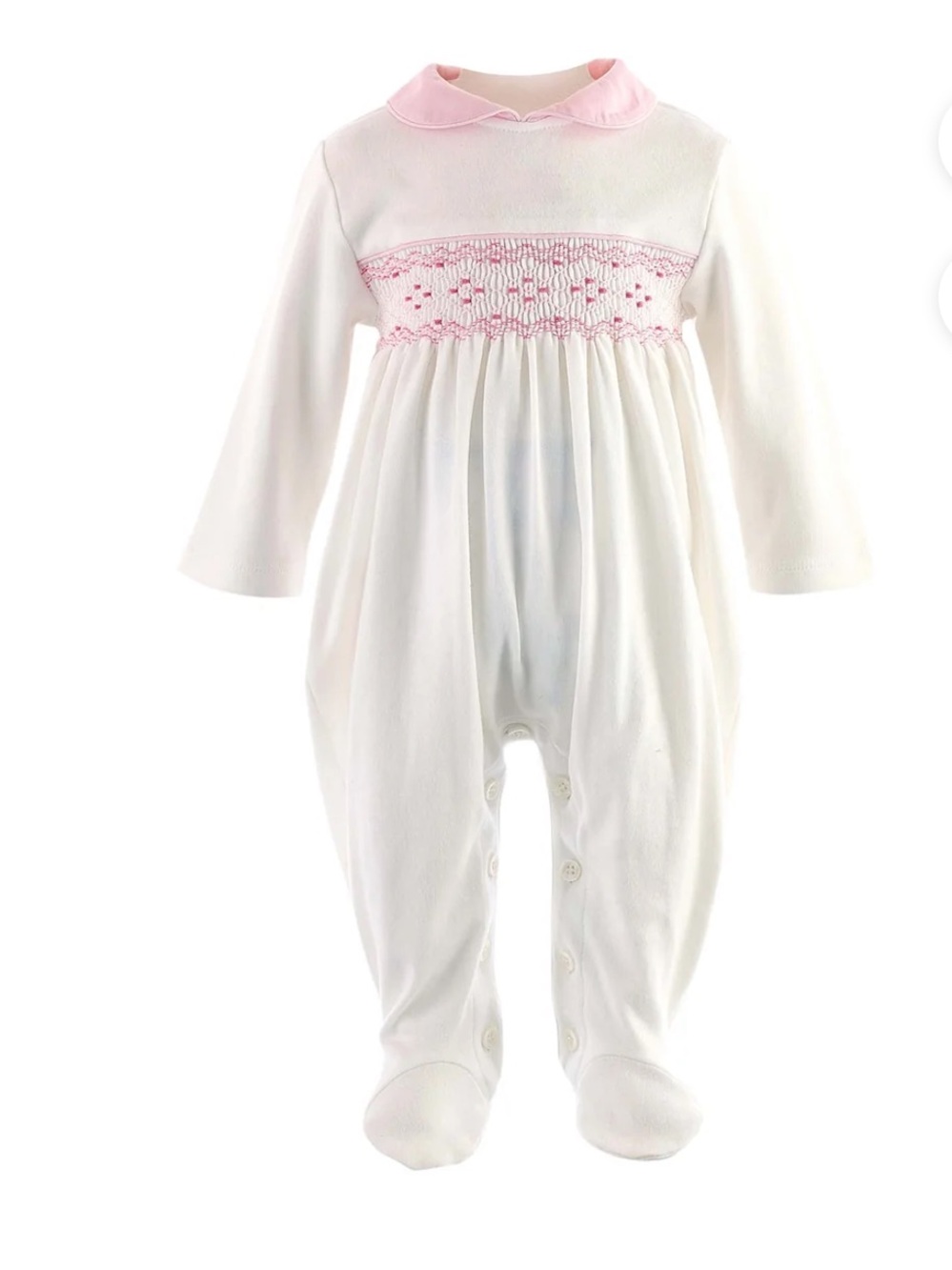 Rachel Riley London Classic Pink-Trim Smocked Baby One-Piece